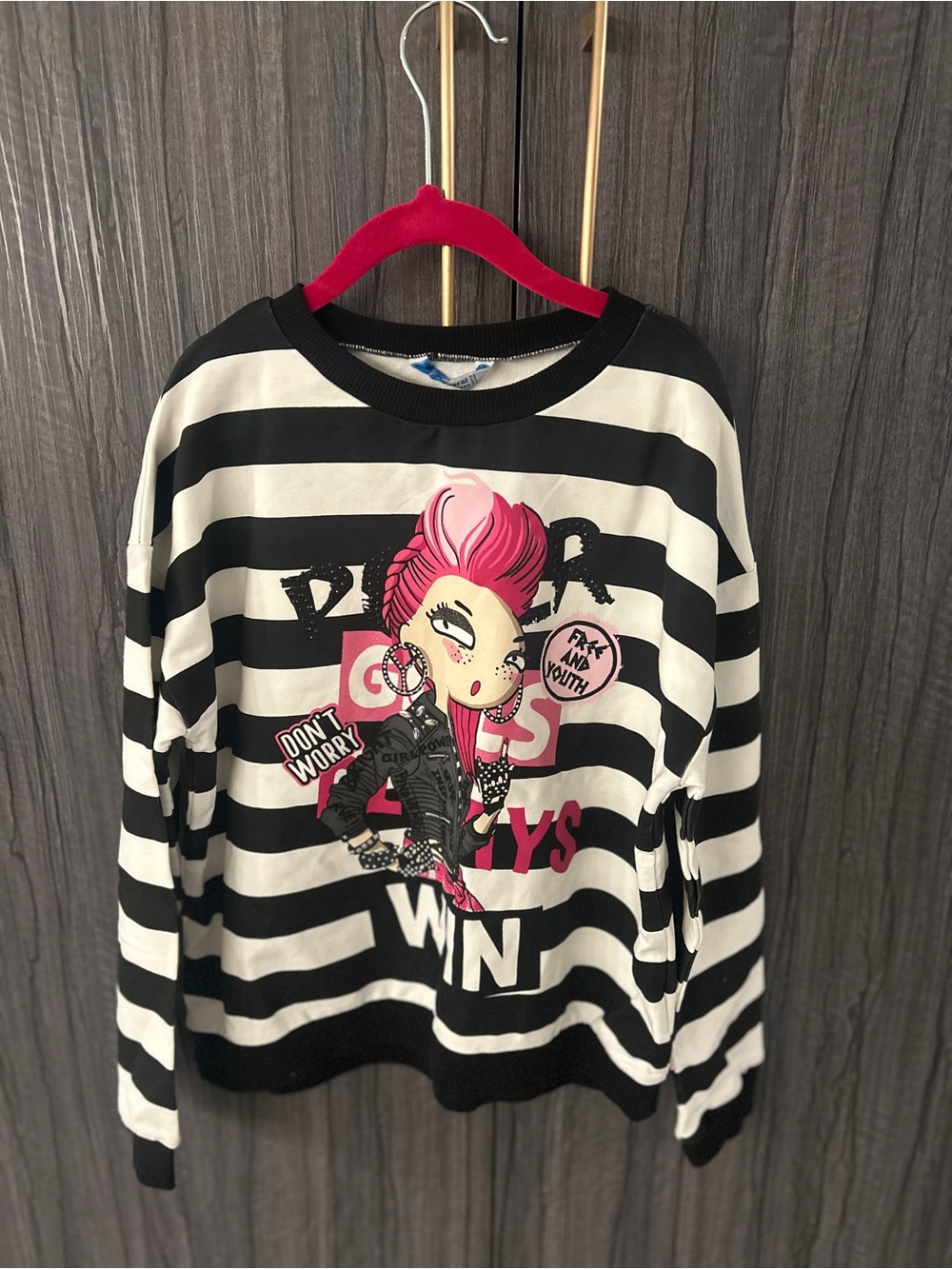 Mayoral Black & White Striped Sweatshirt with Pink Punk Graphic